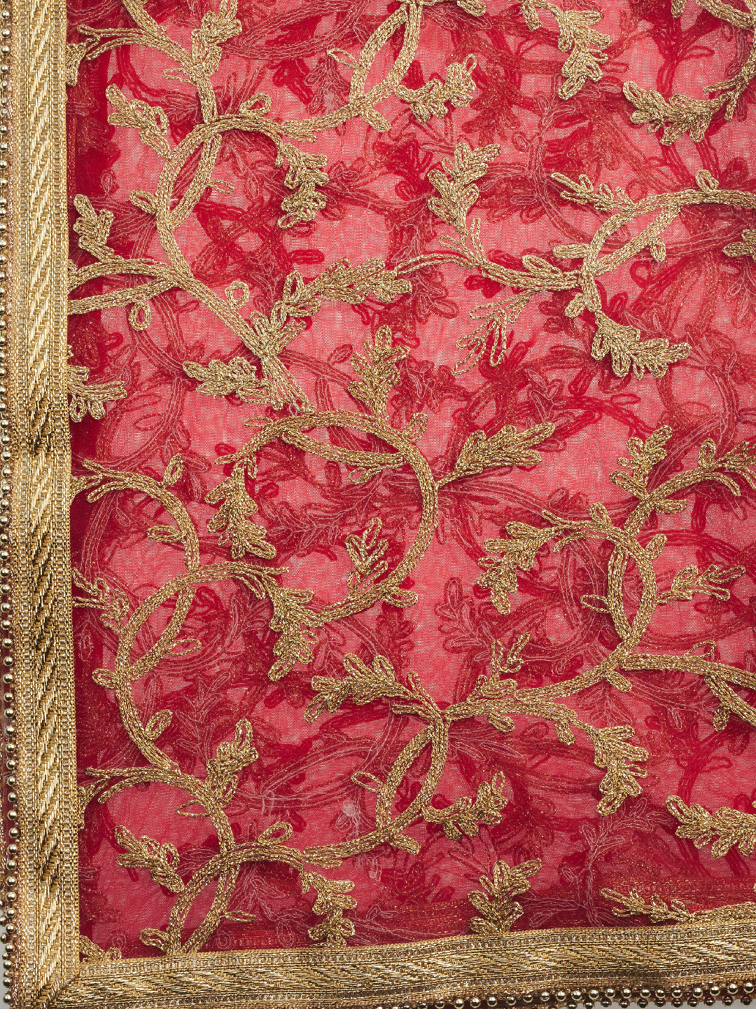 Dupatta Bazaar Woman's Red & Gold Embroidered Net Dupatta - Dupatta Bazaar