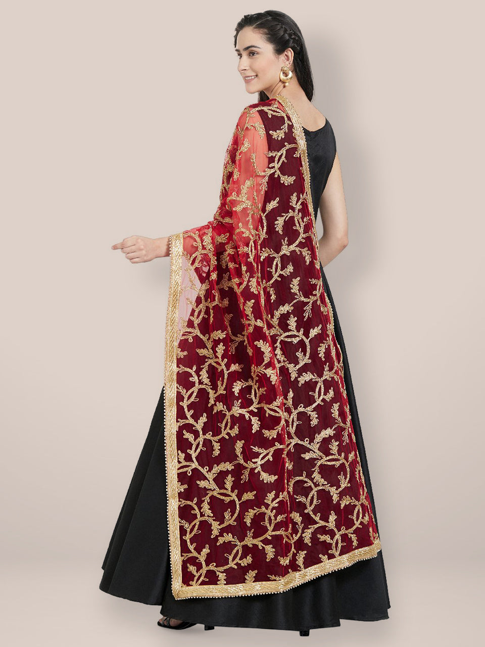 Red & Gold Embroidered Net Dupatta freeshipping - Dupatta Bazaar
