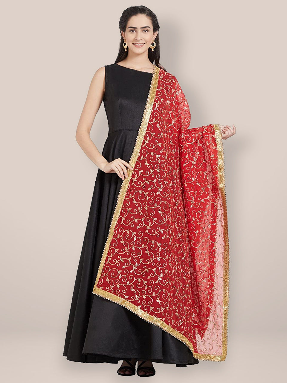 Red Embroidered Georgette Dupatta freeshipping - Dupatta Bazaar