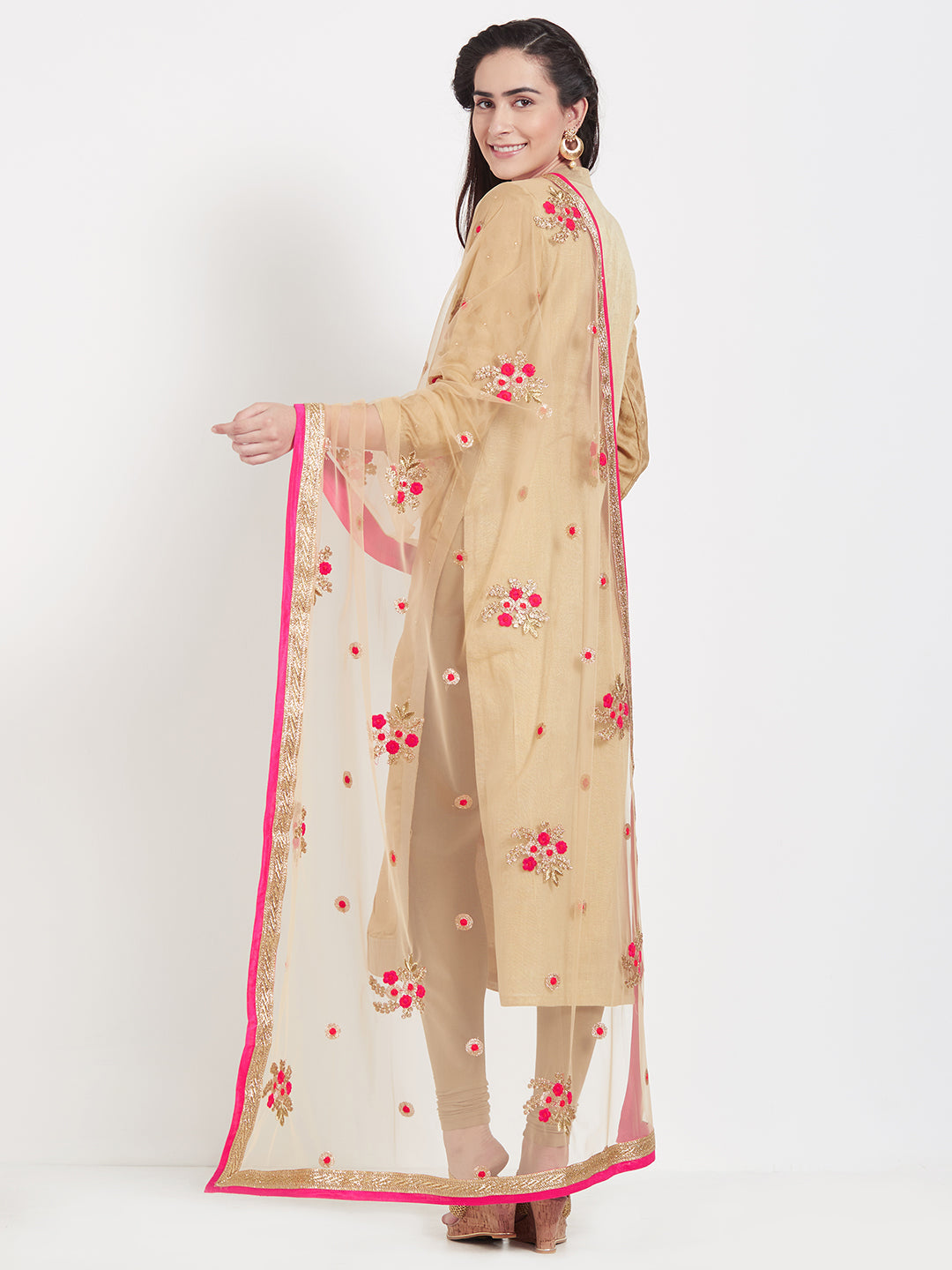 Dupatta Bazaar Woman's Beige & Multicolour flower Embroidered Net Dupatta - Dupatta Bazaar