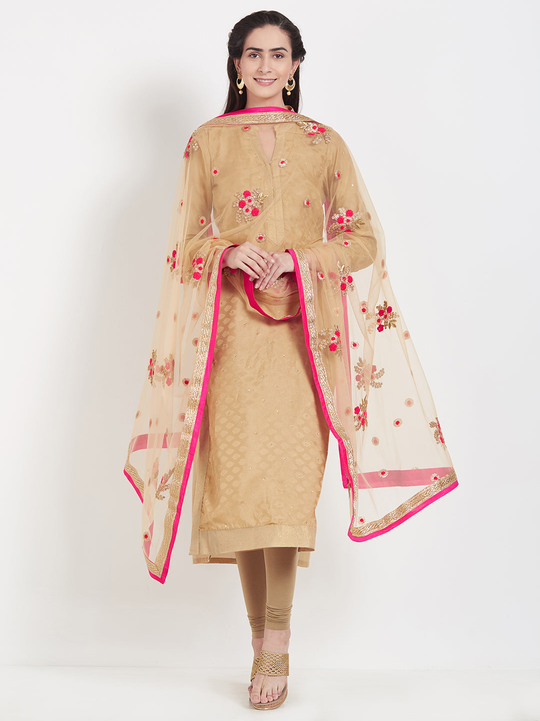 Dupatta Bazaar Woman's Beige & Multicolour flower Embroidered Net Dupatta - Dupatta Bazaar