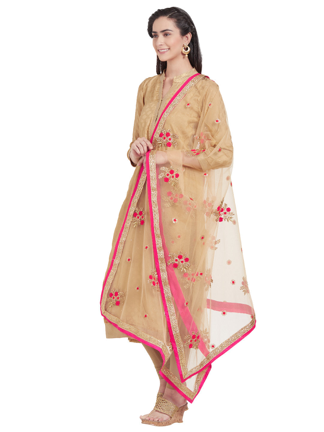 Dupatta Bazaar Woman's Beige & Multicolour flower Embroidered Net Dupatta - Dupatta Bazaar