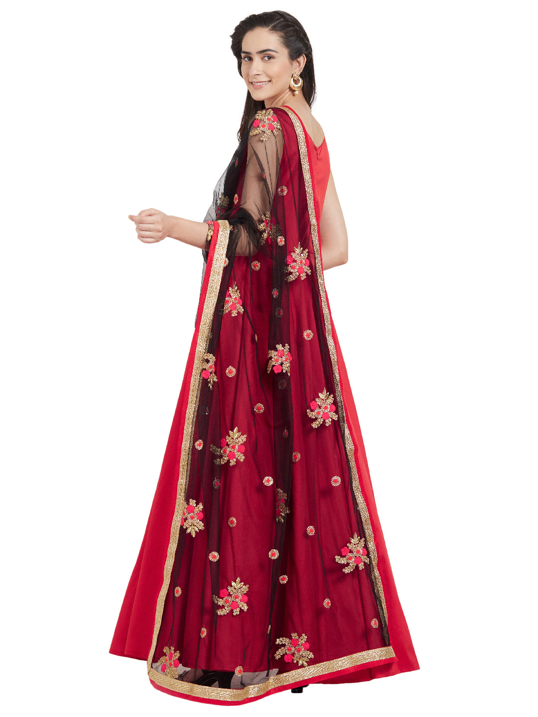 Dupatta Bazaar Woman's Black & Multicolour flower Embroidered Net Dupatta - Dupatta Bazaar