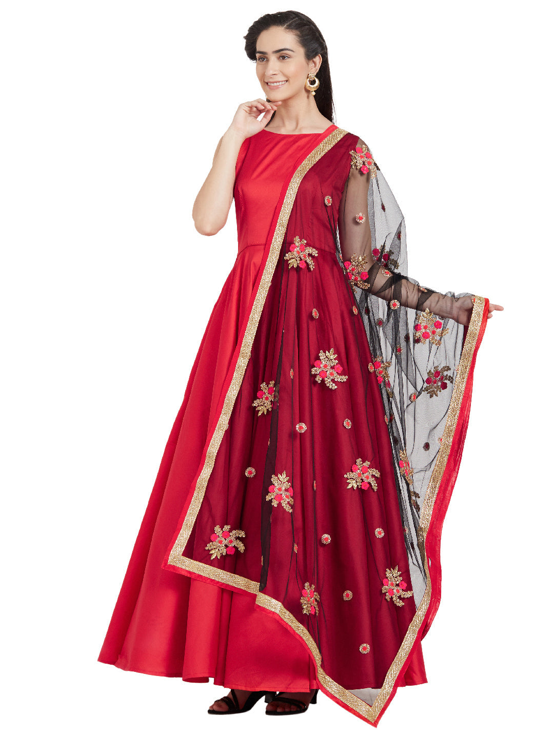 Dupatta Bazaar Woman's Black & Multicolour flower Embroidered Net Dupatta - Dupatta Bazaar