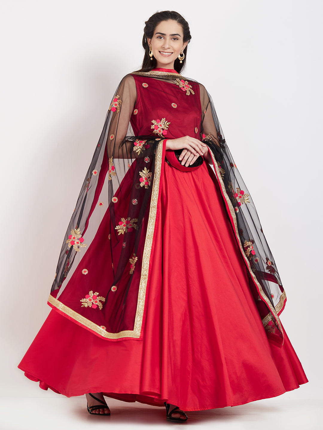 Dupatta Bazaar Woman's Black & Multicolour flower Embroidered Net Dupatta - Dupatta Bazaar