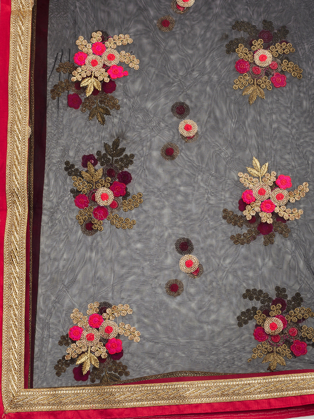 Dupatta Bazaar Woman's Black & Multicolour flower Embroidered Net Dupatta - Dupatta Bazaar