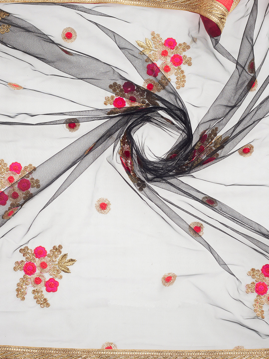 Dupatta Bazaar Woman's Black & Multicolour flower Embroidered Net Dupatta - Dupatta Bazaar
