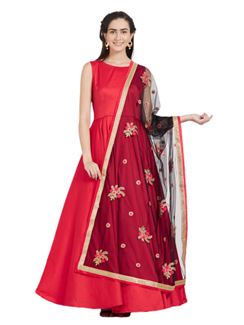 Dupatta Bazaar Woman's Black & Multicolour flower Embroidered Net Dupatta - Dupatta Bazaar