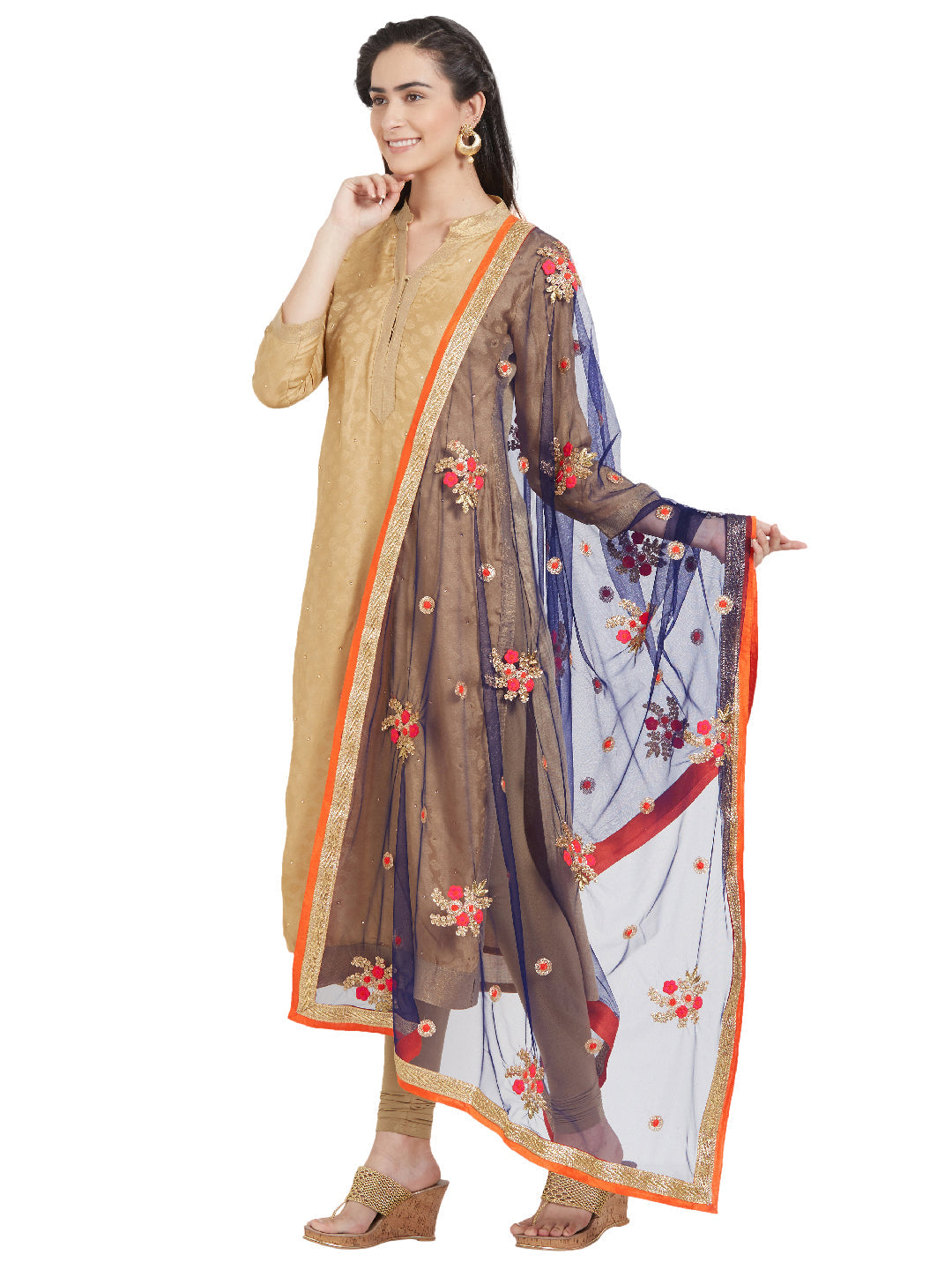 Dupatta Bazaar Woman's Blue & Multicolour flower Embroidered Net Dupatta - Dupatta Bazaar