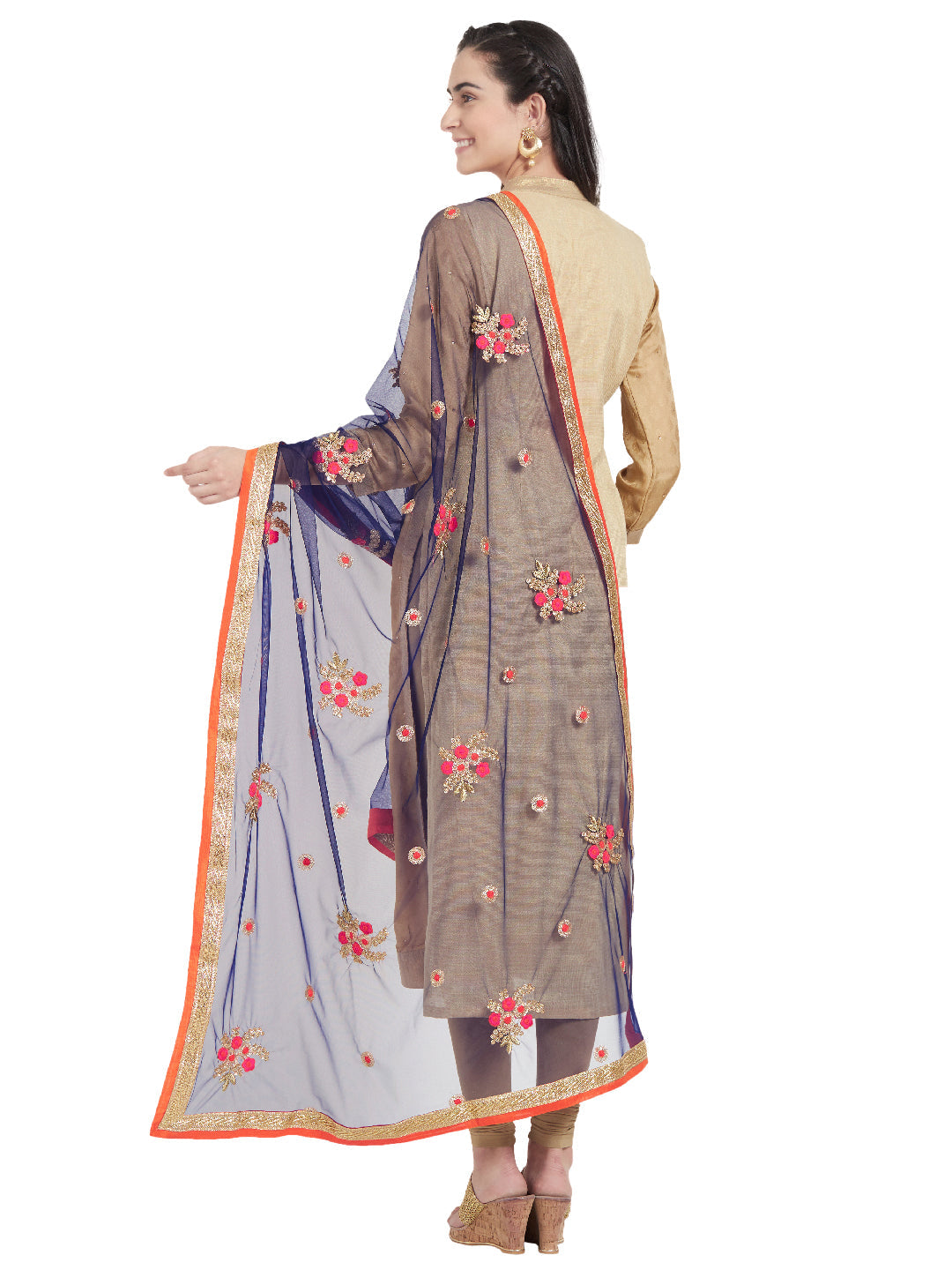Dupatta Bazaar Woman's Blue & Multicolour flower Embroidered Net Dupatta - Dupatta Bazaar
