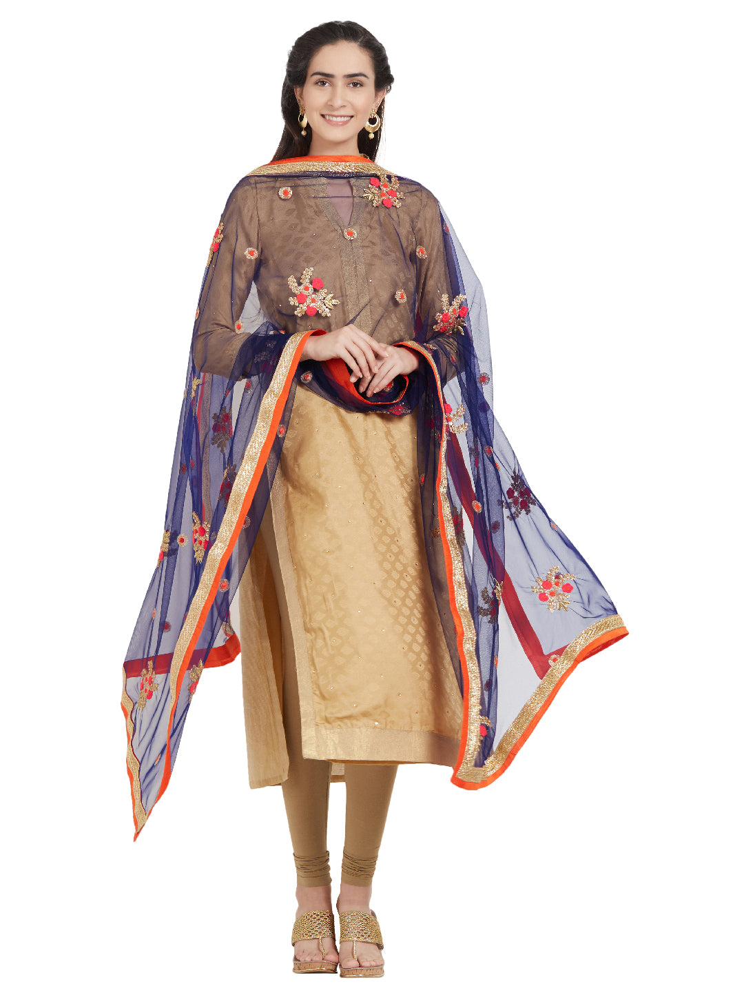 Dupatta Bazaar Woman's Blue & Multicolour flower Embroidered Net Dupatta - Dupatta Bazaar