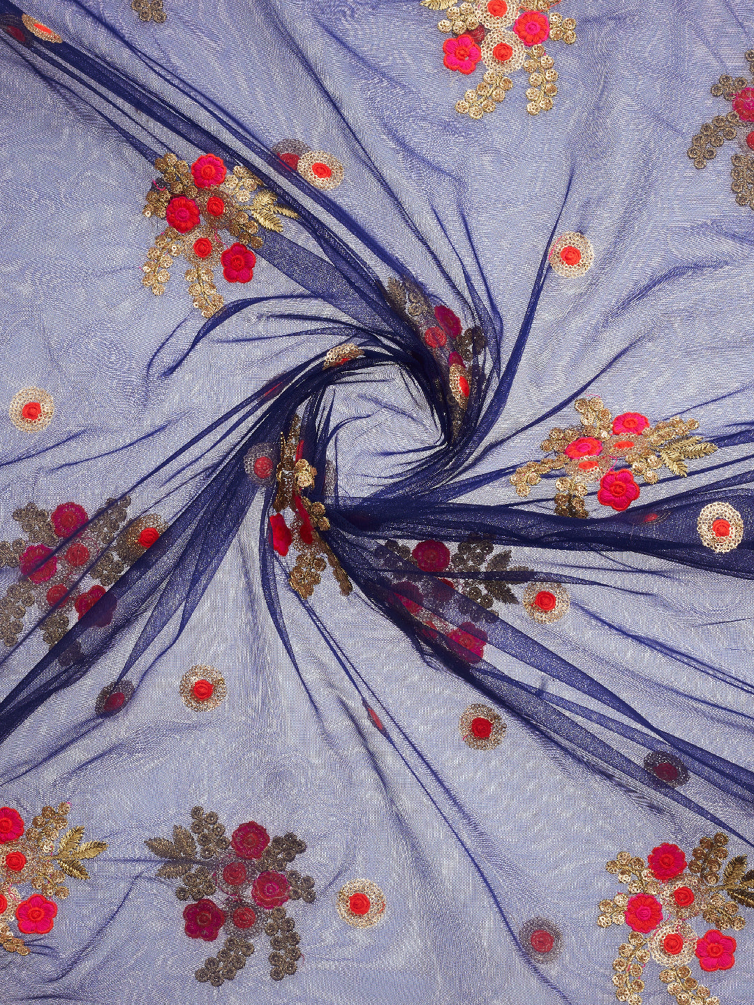 Dupatta Bazaar Woman's Blue & Multicolour flower Embroidered Net Dupatta - Dupatta Bazaar