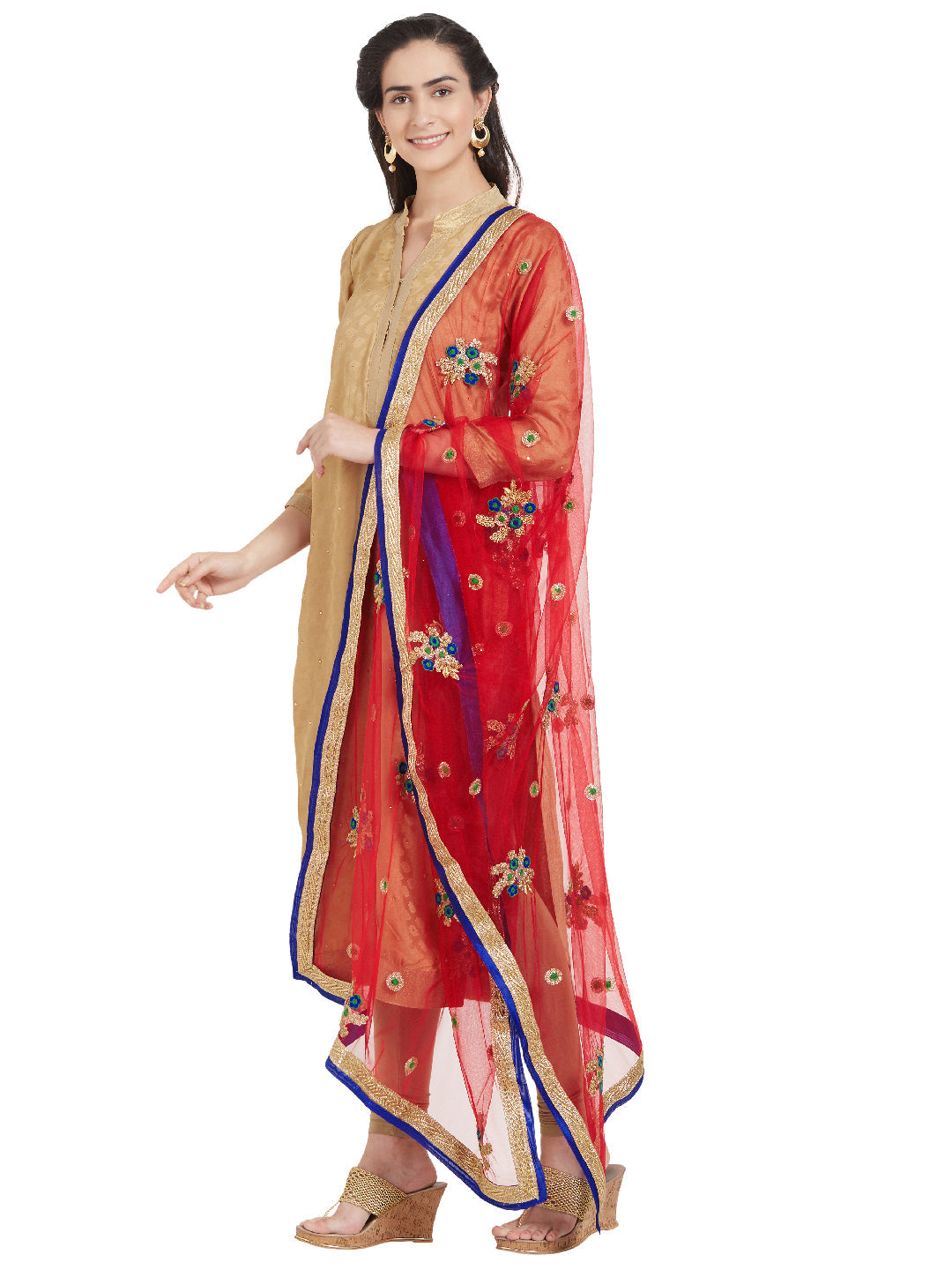 Dupatta Bazaar Woman's Red & Multicolour flower Embroidered Net Dupatta - Dupatta Bazaar