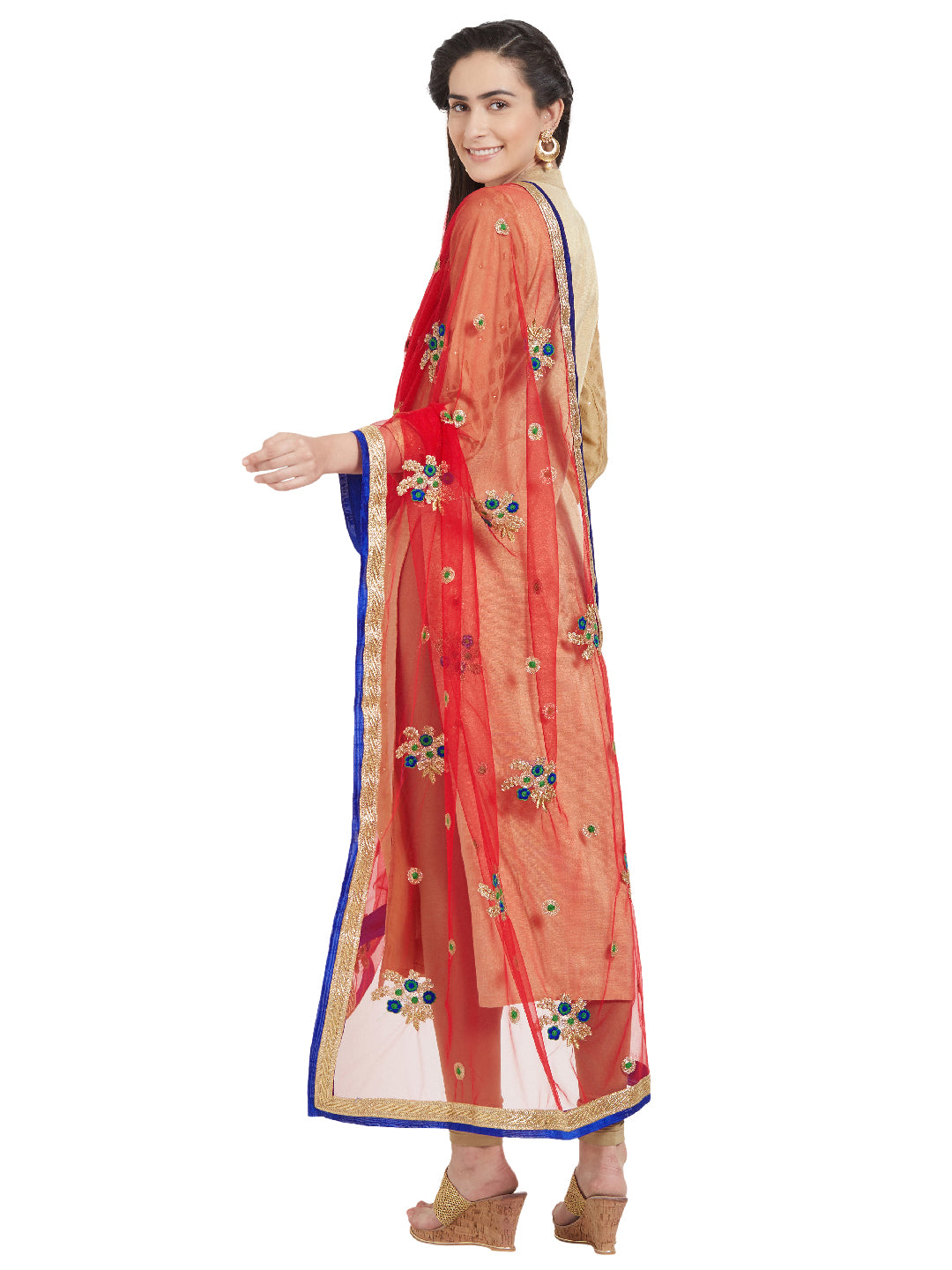 Dupatta Bazaar Woman's Red & Multicolour flower Embroidered Net Dupatta - Dupatta Bazaar