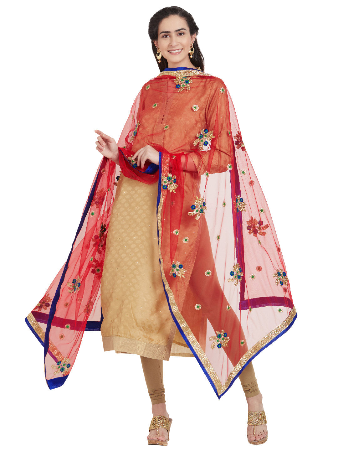Dupatta Bazaar Woman's Red & Multicolour flower Embroidered Net Dupatta - Dupatta Bazaar
