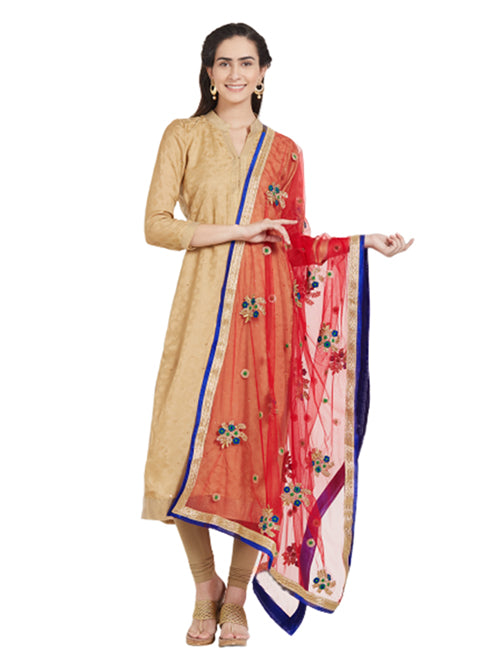 Dupatta Bazaar Woman's Red & Multicolour flower Embroidered Net Dupatta - Dupatta Bazaar