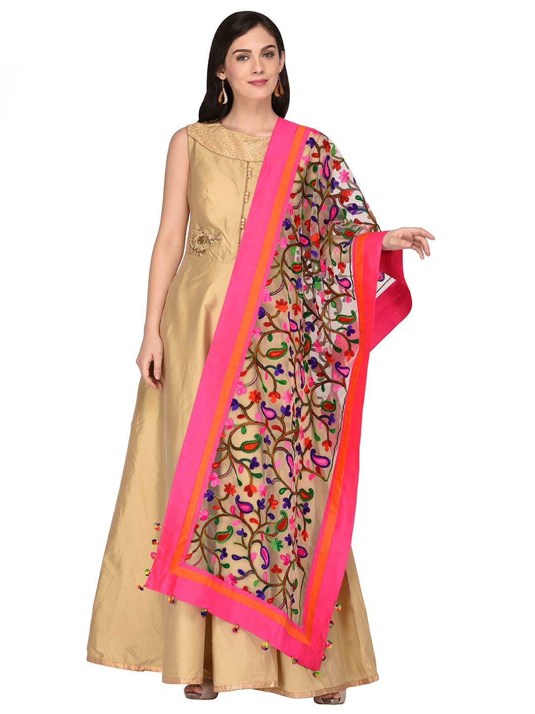 Dupatta Bazaar Woman's Embroidered Multicoloured Net Dupatta - Dupatta Bazaar