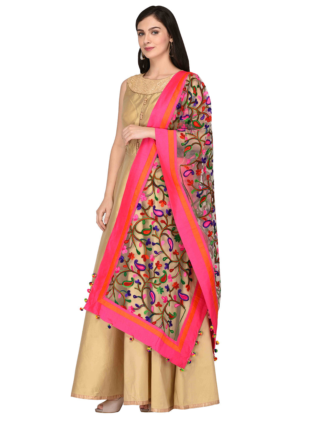 Dupatta Bazaar Woman's Embroidered Multicoloured Net Dupatta - Dupatta Bazaar