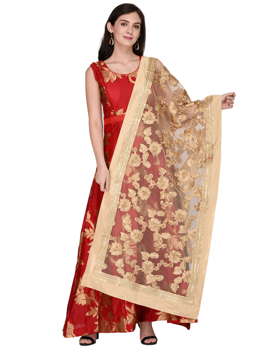 Dupatta Bazaar Woman's Gold Embroidered Net Duapatta - Dupatta Bazaar