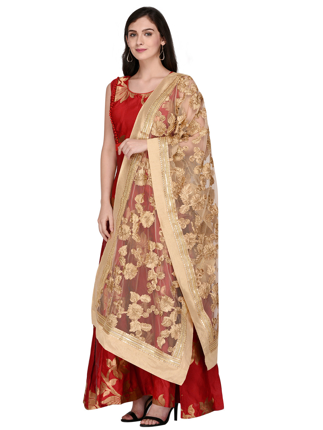 Dupatta Bazaar Woman's Gold Embroidered Net Duapatta - Dupatta Bazaar