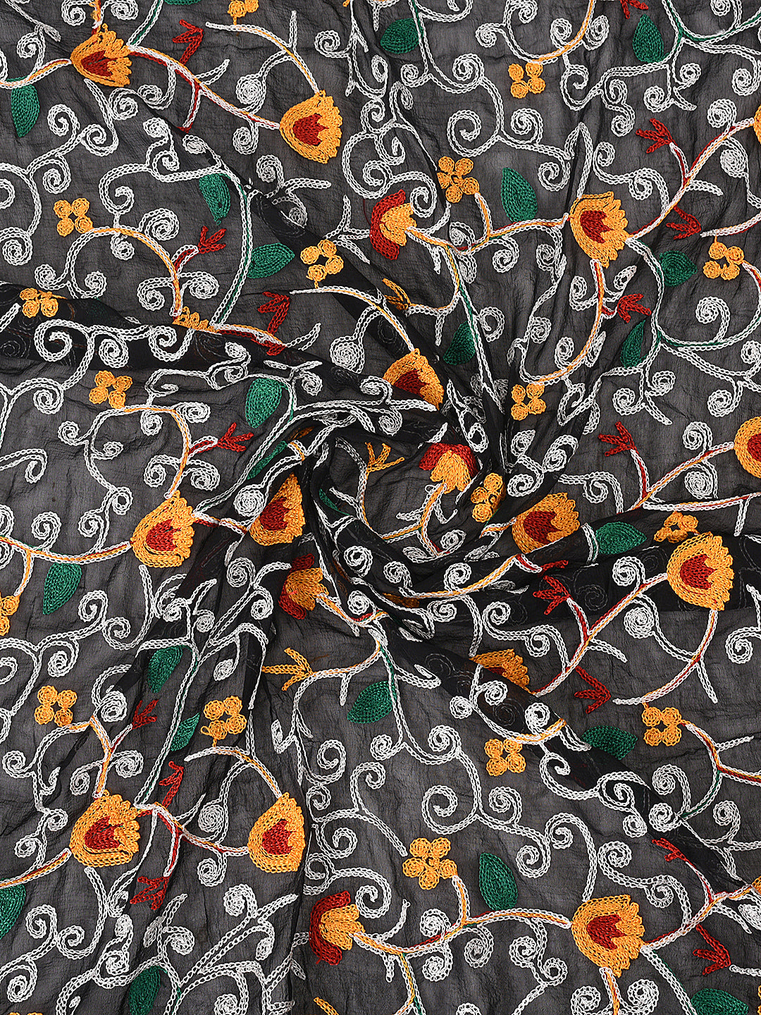 Dupatta Bazaar Woman's Black and Multicoloured Embroidered Chiffon Dupatta - Dupatta Bazaar