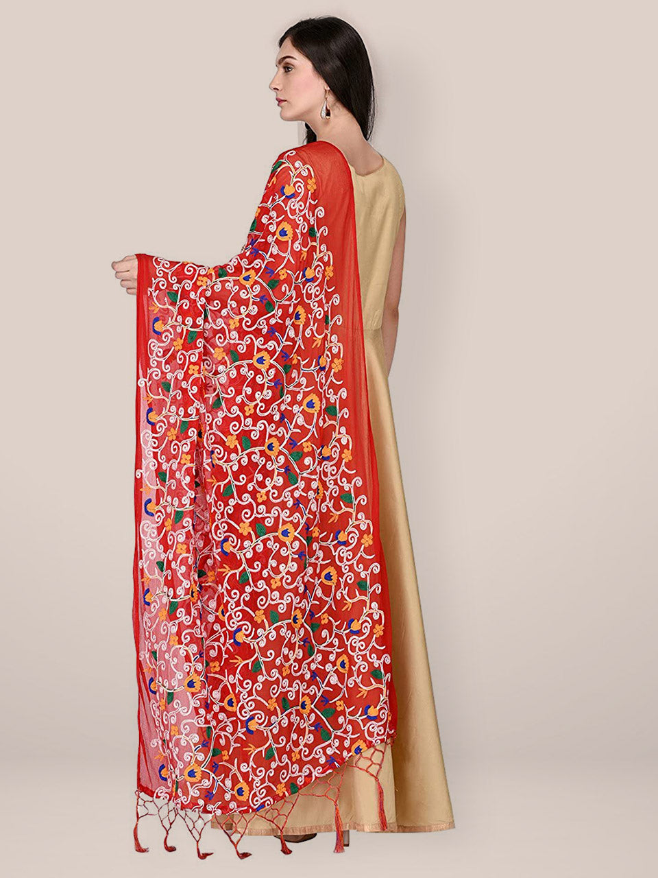 Red and Multicoloured Embroidered Chiffon Dupatta freeshipping - Dupatta Bazaar