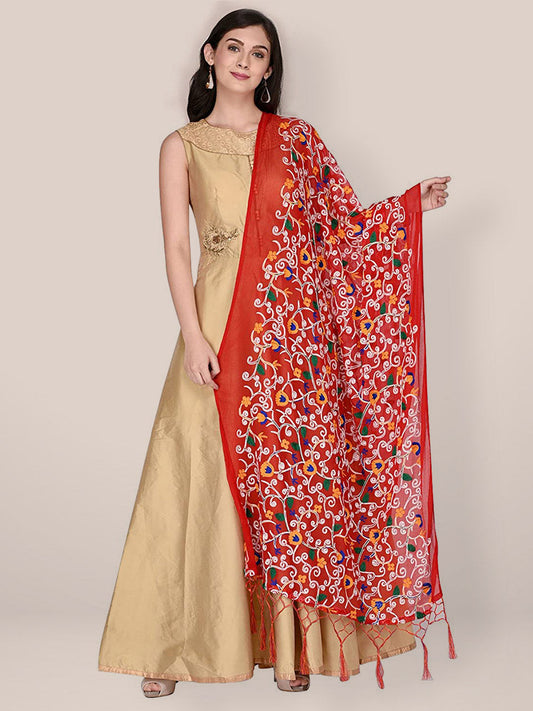 Red and Multicoloured Embroidered Chiffon Dupatta freeshipping - Dupatta Bazaar