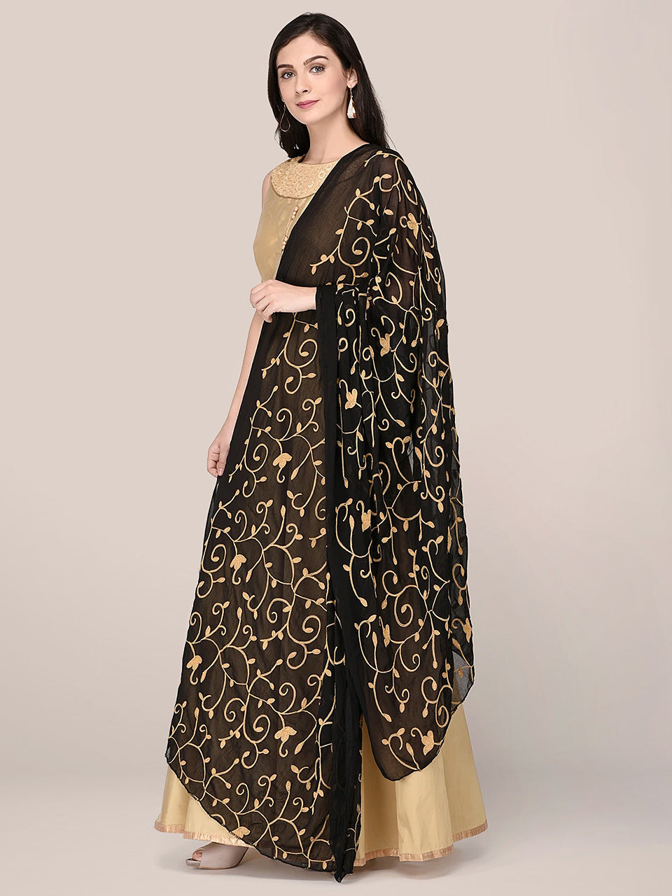 Black Chiffon Dupatta with Beige floral Embroidery freeshipping - Dupatta Bazaar