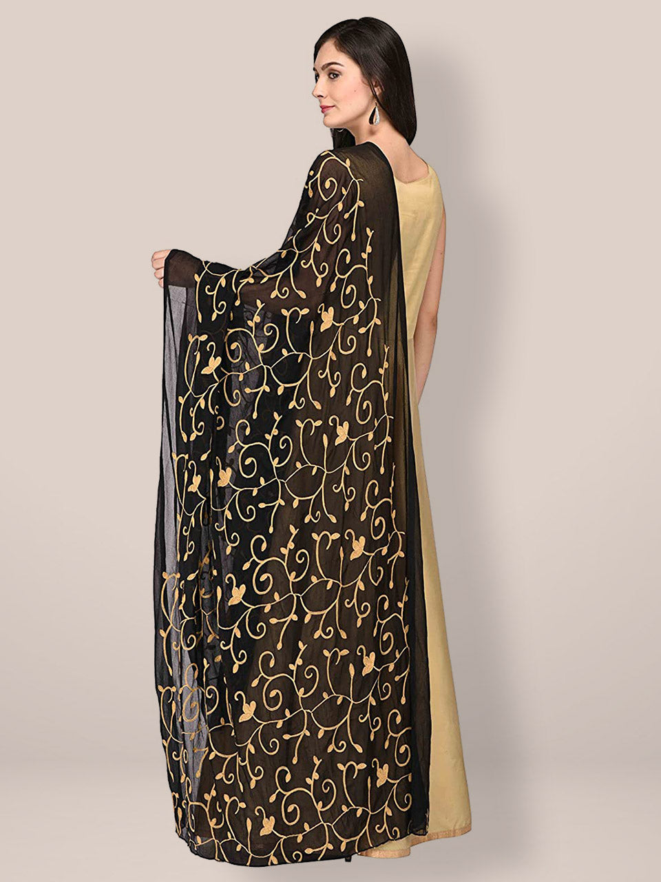 Black Chiffon Dupatta with Beige floral Embroidery freeshipping - Dupatta Bazaar