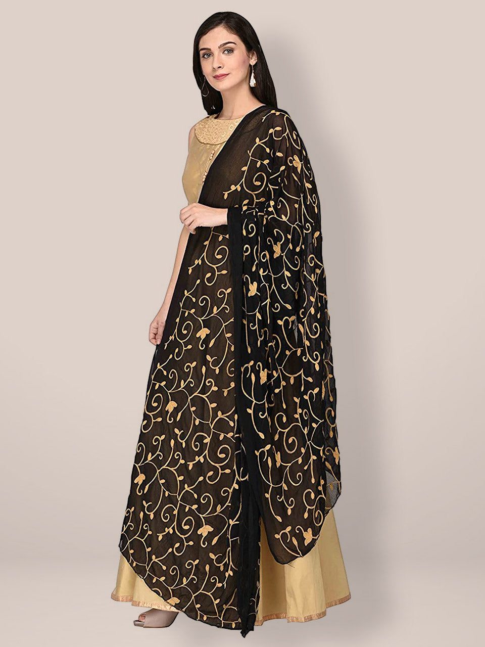 Black Chiffon Dupatta with Beige floral Embroidery freeshipping - Dupatta Bazaar