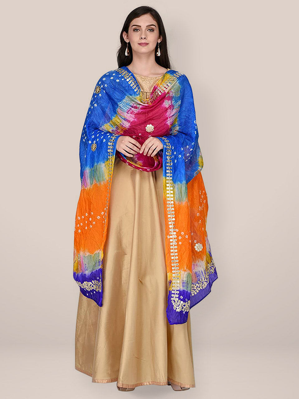 Multicoloured Bandhini Silk dupatta with Gotta Patti Work freeshipping - Dupatta Bazaar
