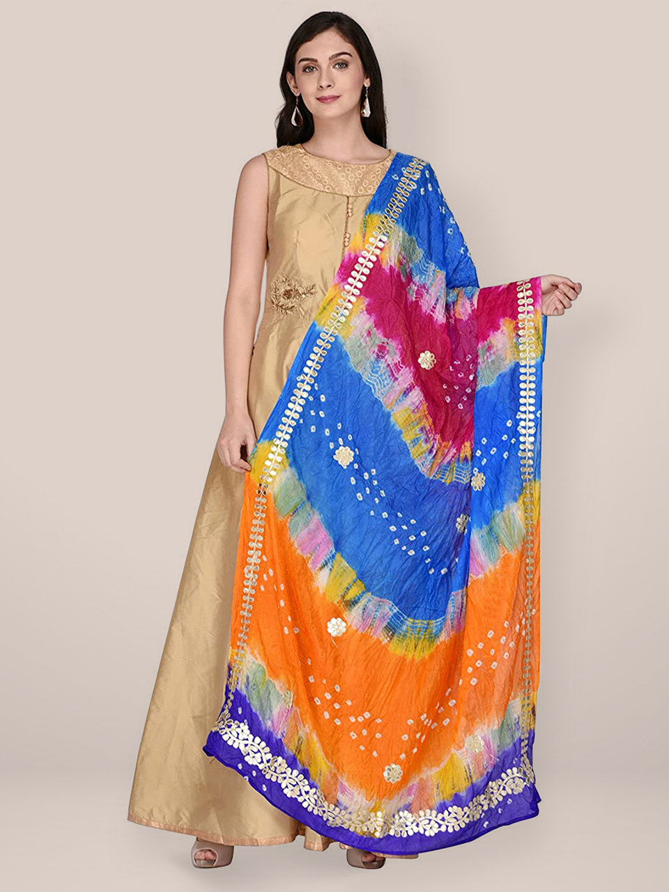 Multicoloured Bandhini Silk dupatta with Gotta Patti Work freeshipping - Dupatta Bazaar