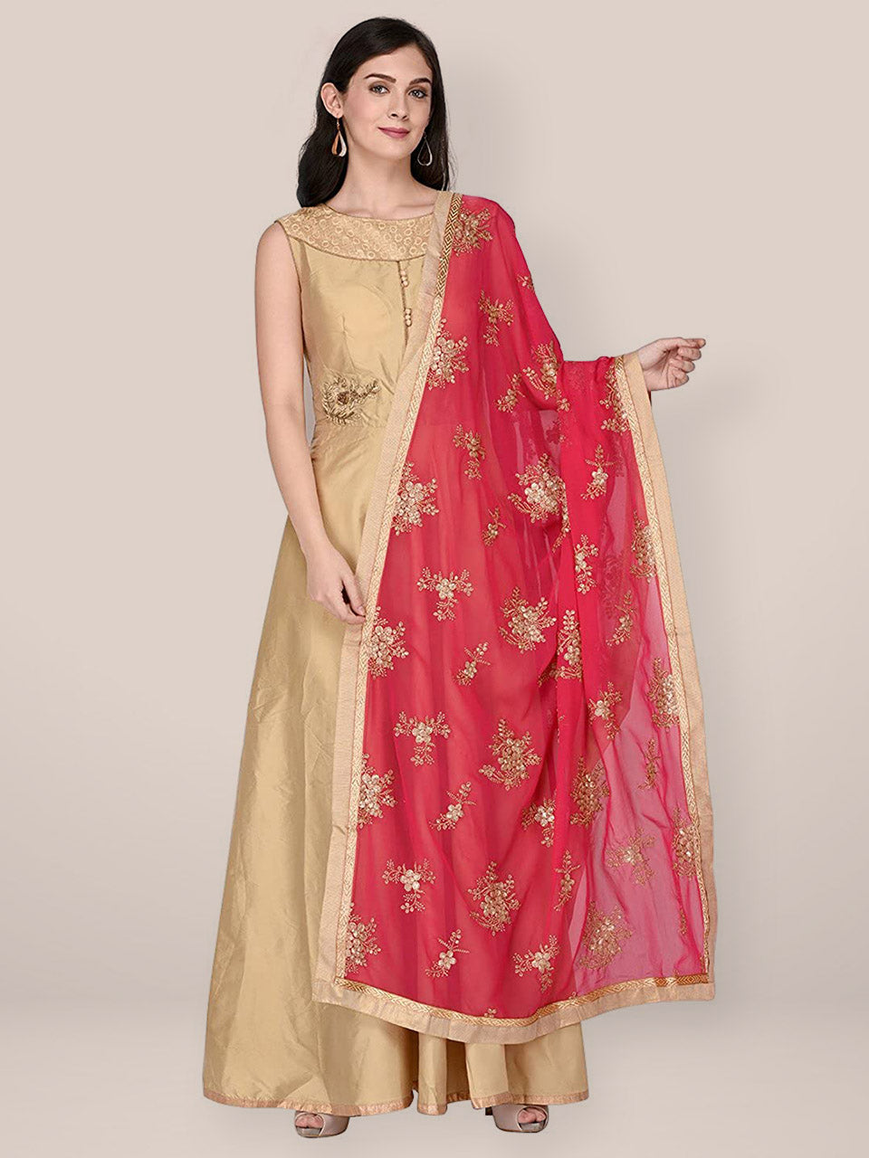 Red Georgette Dupatta with Gold Embroidery freeshipping - Dupatta Bazaar