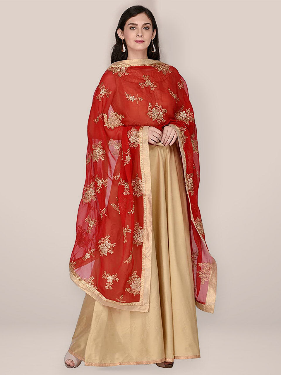 Georgette Red Dupatta with Gold Embroidery freeshipping - Dupatta Bazaar