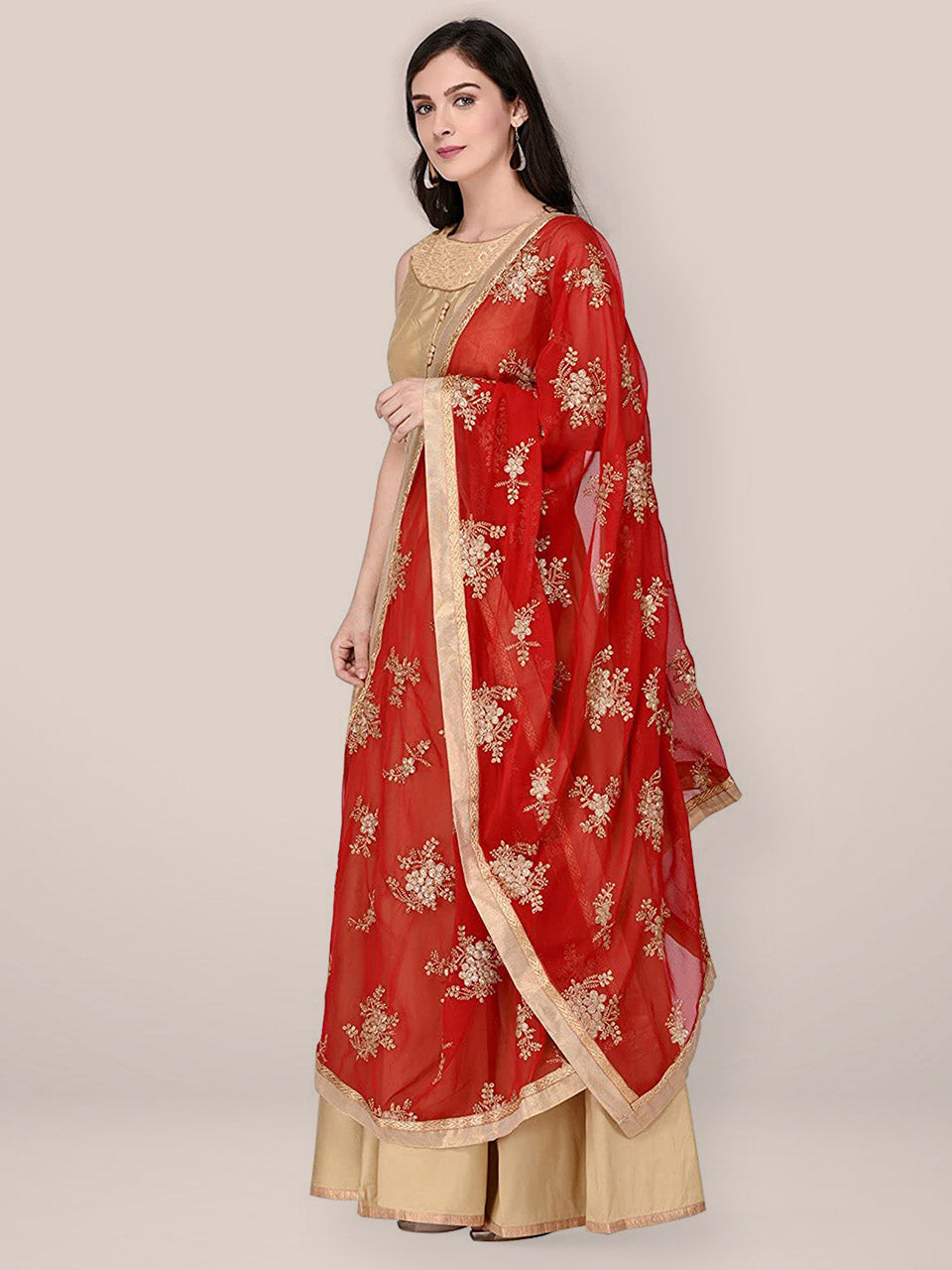 Georgette Red Dupatta with Gold Embroidery freeshipping - Dupatta Bazaar