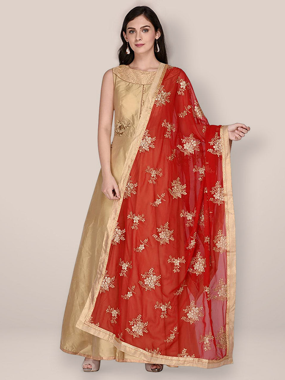 Georgette Red Dupatta with Gold Embroidery freeshipping - Dupatta Bazaar