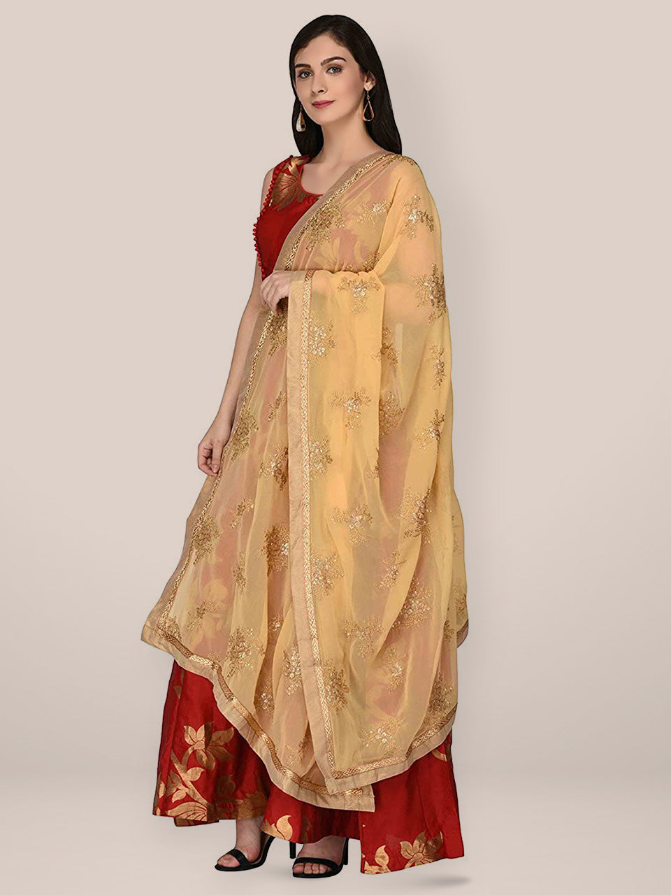 Beige Georgette Dupatta with Gold Embroidery freeshipping - Dupatta Bazaar