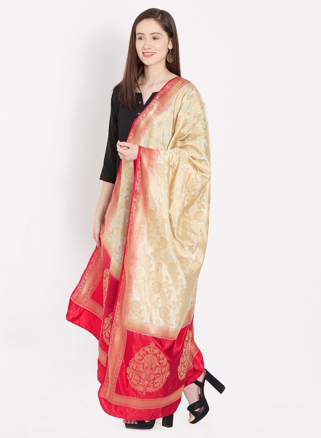 Dupatta Bazaar Woman's Beige & Red Banarasi Silk Dupatta - Dupatta Bazaar