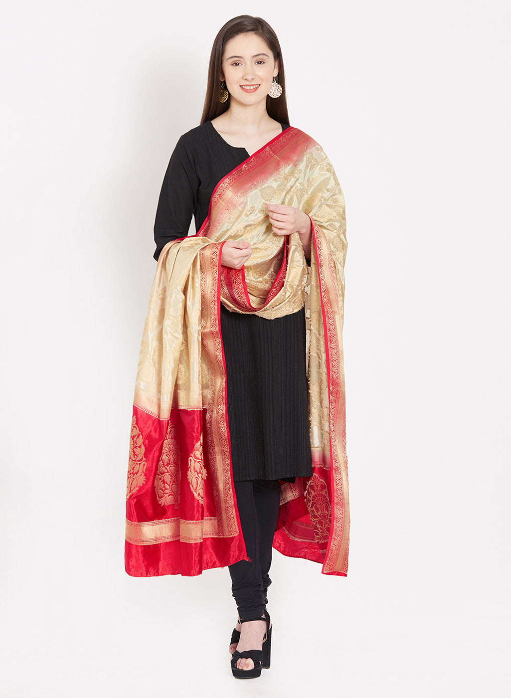 Dupatta Bazaar Woman's Beige & Red Banarasi Silk Dupatta - Dupatta Bazaar