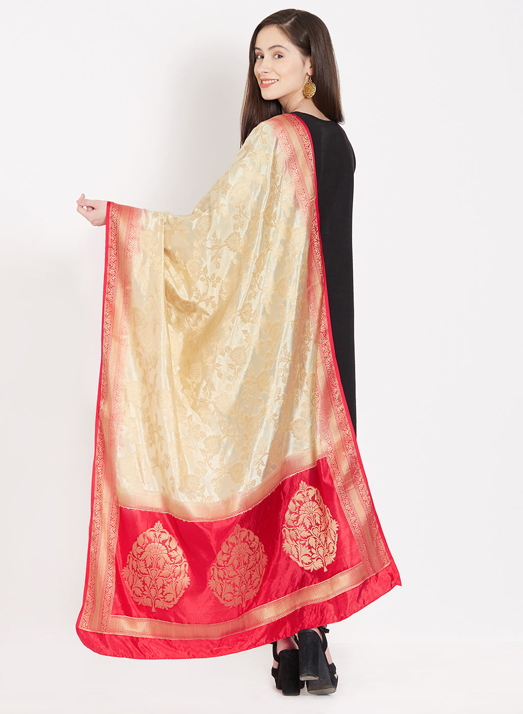 Dupatta Bazaar Woman's Beige & Red Banarasi Silk Dupatta - Dupatta Bazaar