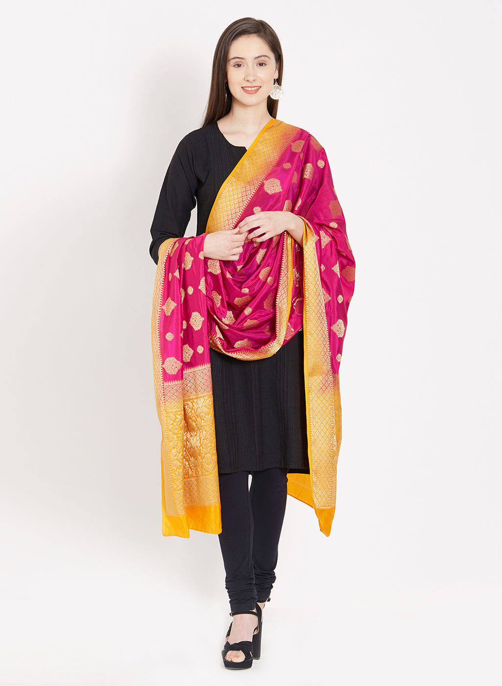 Dupatta Bazaar Woman's Pink & Orange Banarasi Silk Dupatta - Dupatta Bazaar