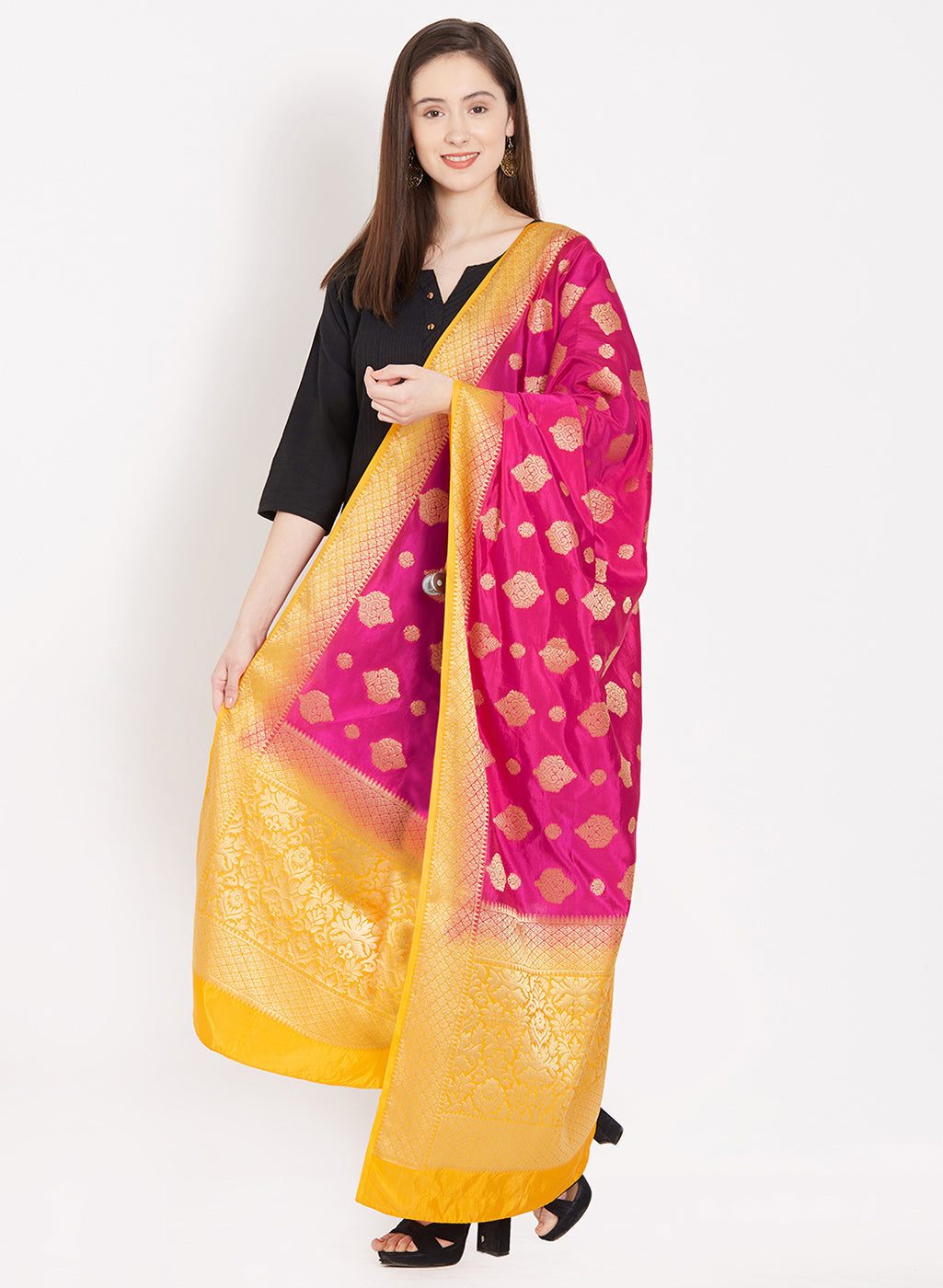 Dupatta Bazaar Woman's Pink & Orange Banarasi Silk Dupatta - Dupatta Bazaar