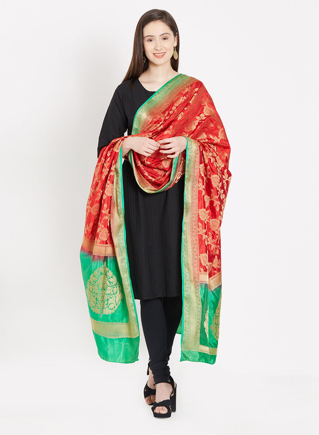 Dupatta Bazaar Woman's Red & Green Banarasi Silk Dupatta - Dupatta Bazaar