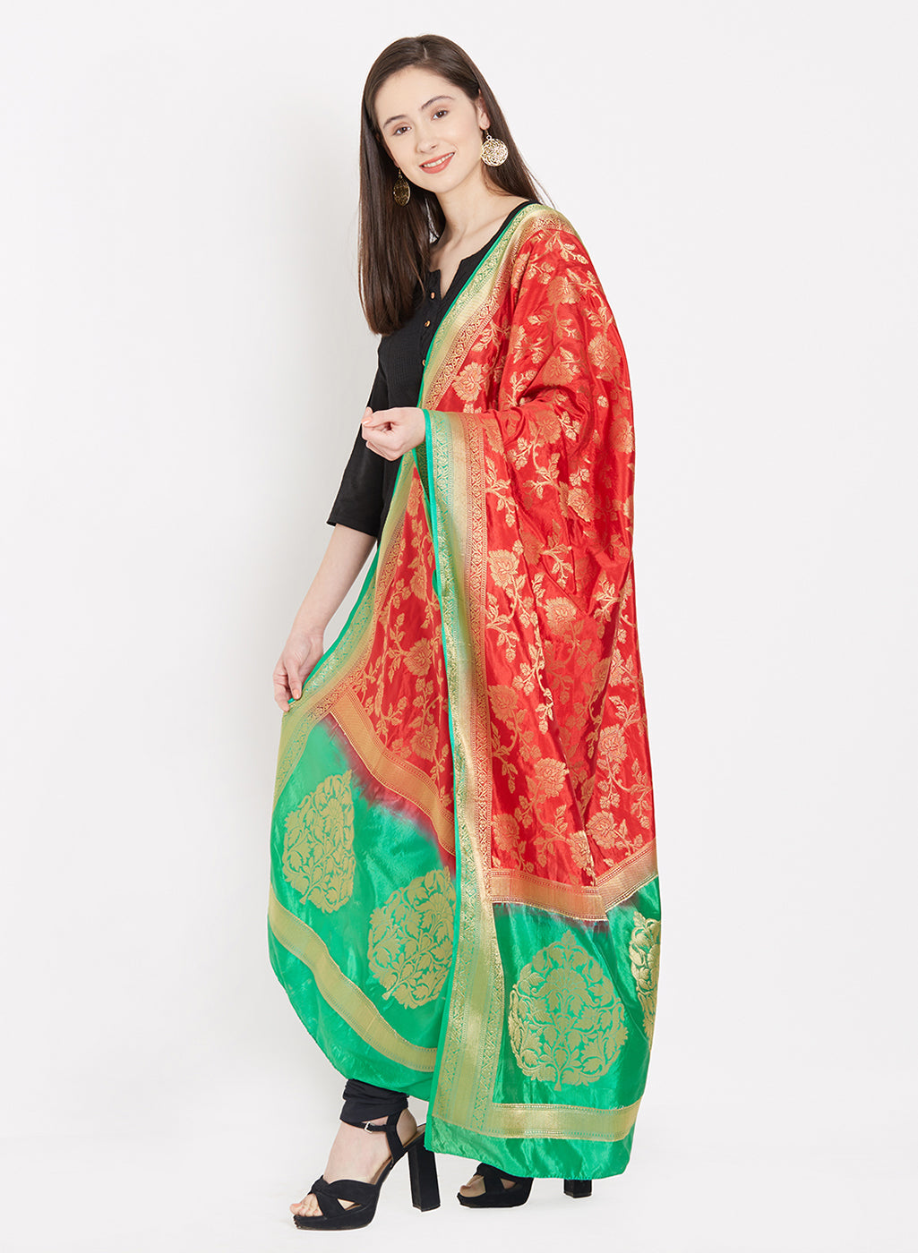 Dupatta Bazaar Woman's Red & Green Banarasi Silk Dupatta - Dupatta Bazaar