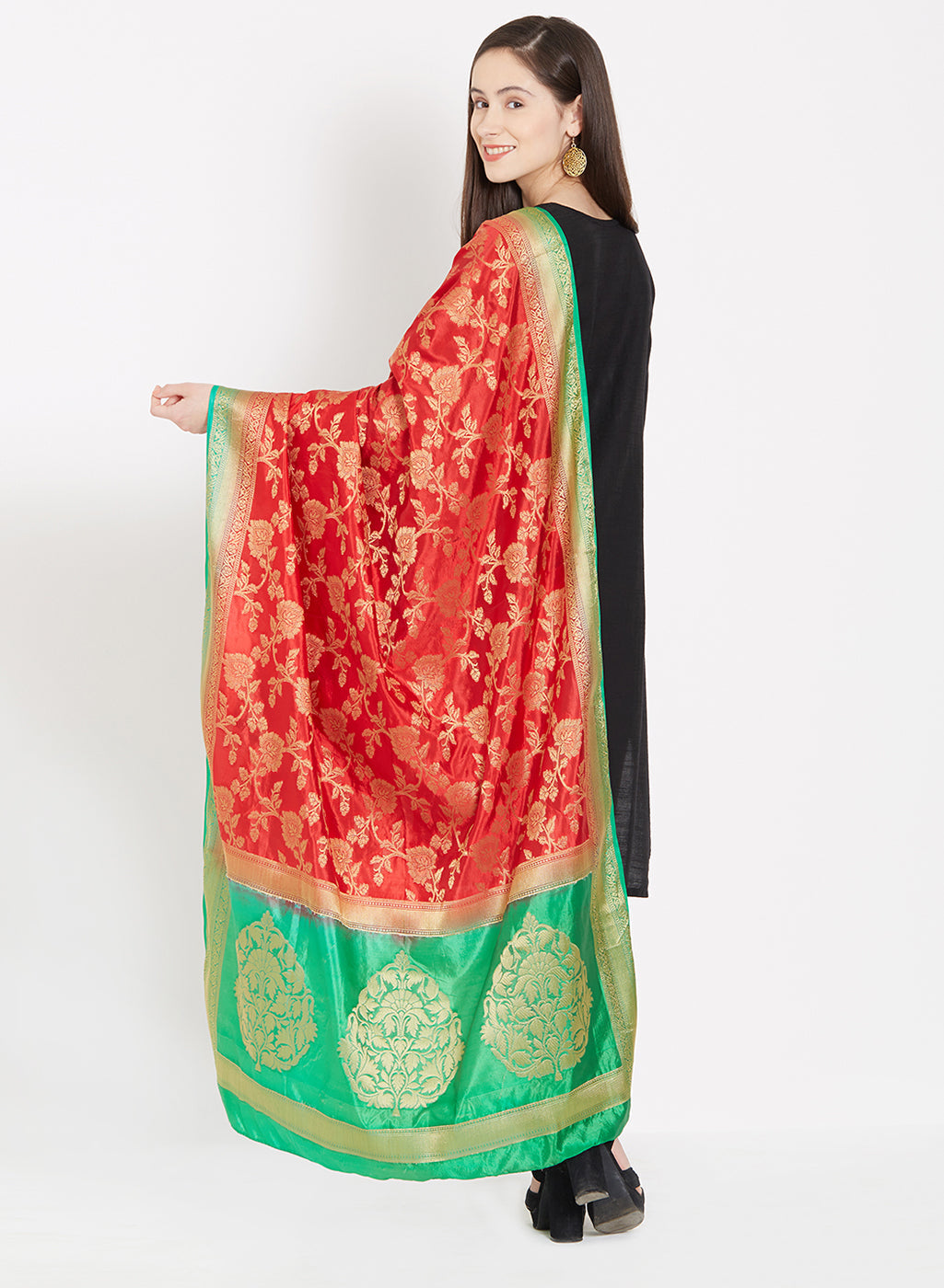 Dupatta Bazaar Woman's Red & Green Banarasi Silk Dupatta - Dupatta Bazaar
