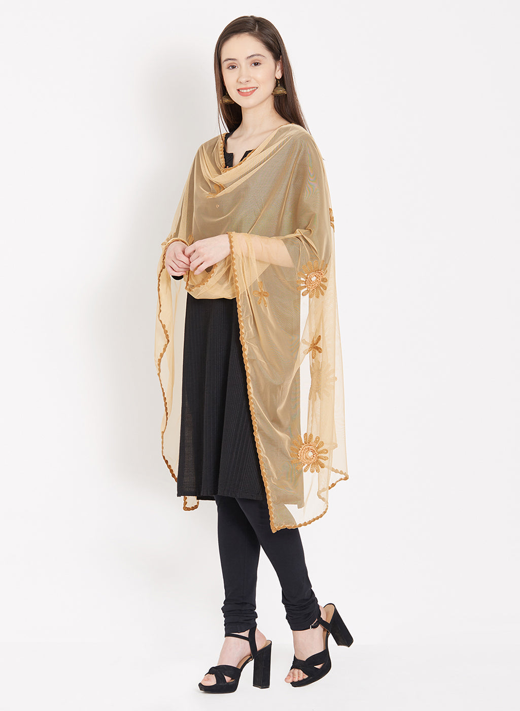 Dupatta Bazaar Women's Brown Net Dupatta with Floral Motifs. - Dupatta Bazaar