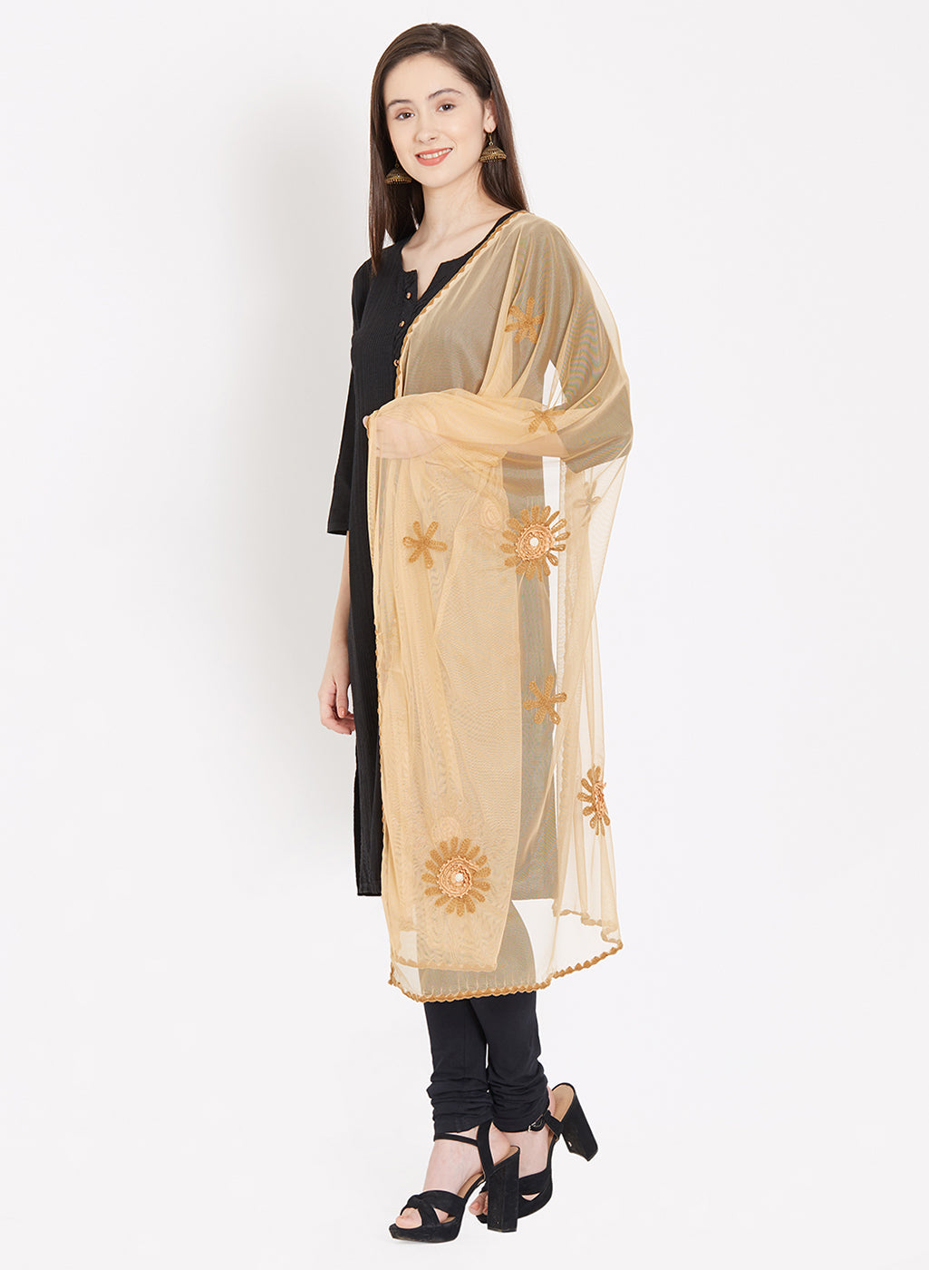 Dupatta Bazaar Women's Brown Net Dupatta with Floral Motifs. - Dupatta Bazaar