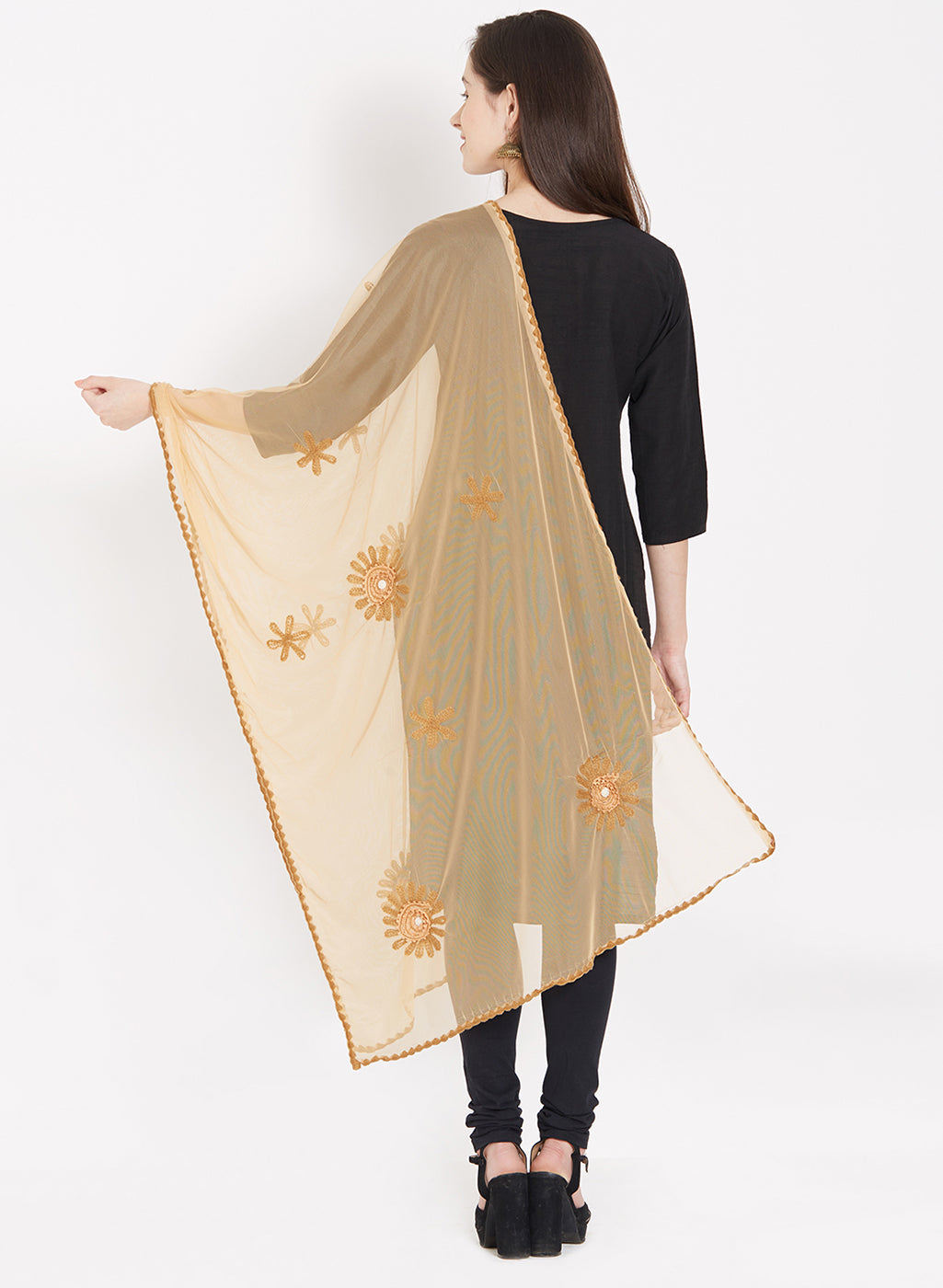 Dupatta Bazaar Women's Brown Net Dupatta with Floral Motifs. - Dupatta Bazaar
