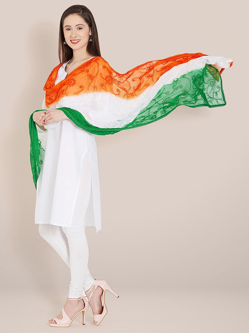 Tri Colour/Tiranga Chiffon Dupatta with Embroidery freeshipping - Dupatta Bazaar