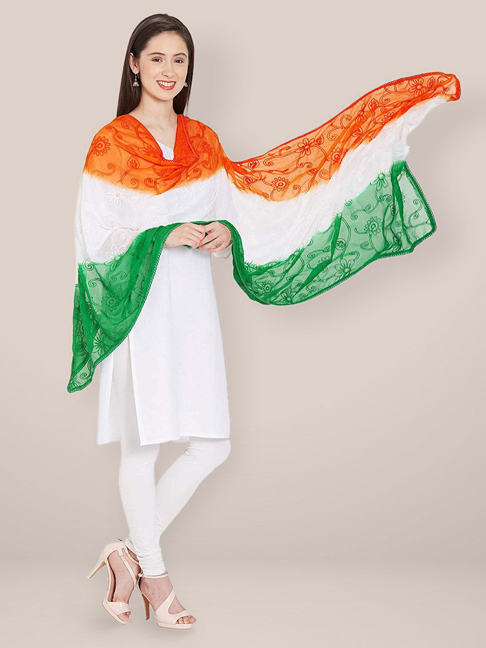 Tri Colour/Tiranga Chiffon Dupatta with Embroidery freeshipping - Dupatta Bazaar